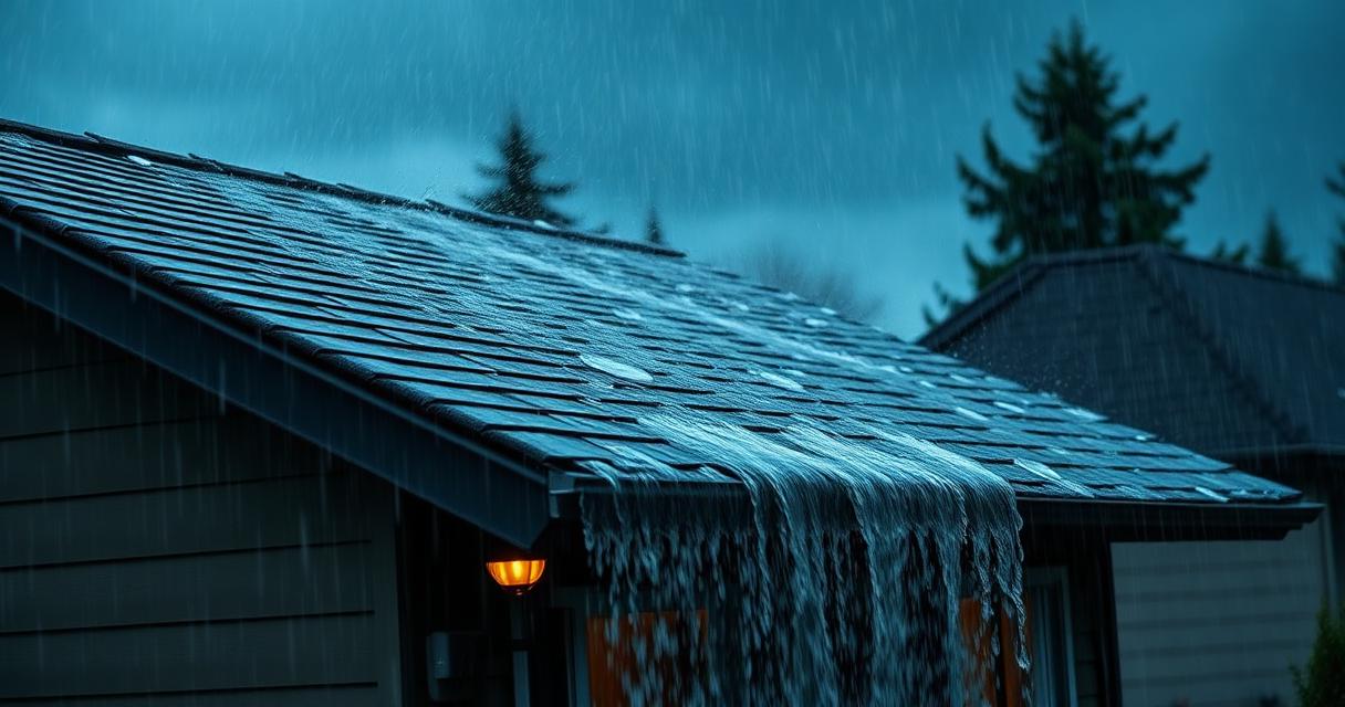 Heavy atmospheric river rainfall cascading off a Vancouver asphalt shingle roof into overflowing aluminum gutters at dusk