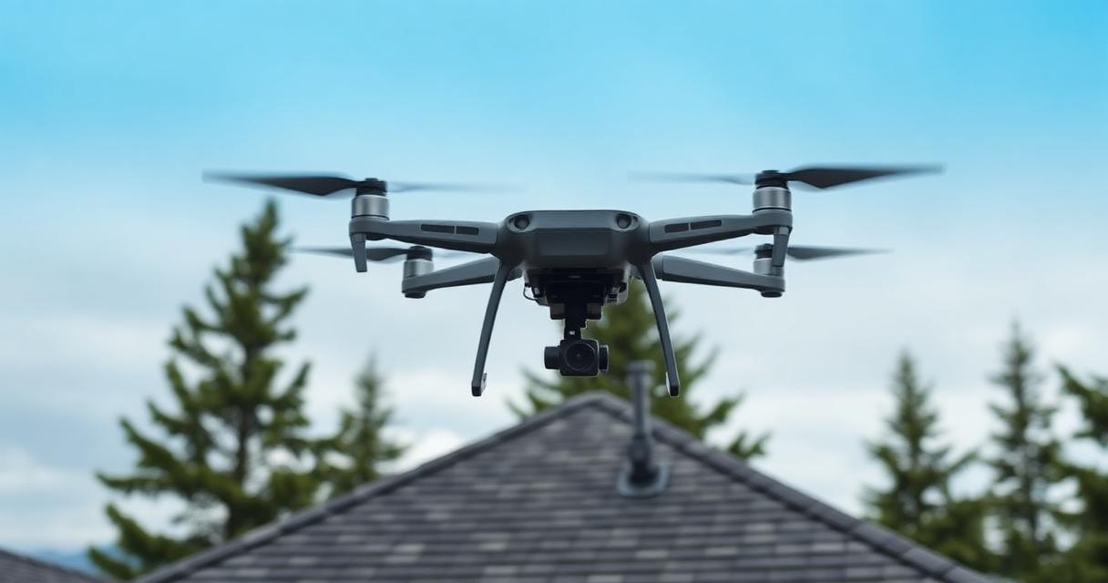 Professional drone hovering above a Vancouver residential asphalt shingle roof during an aerial inspection on an overcast morning