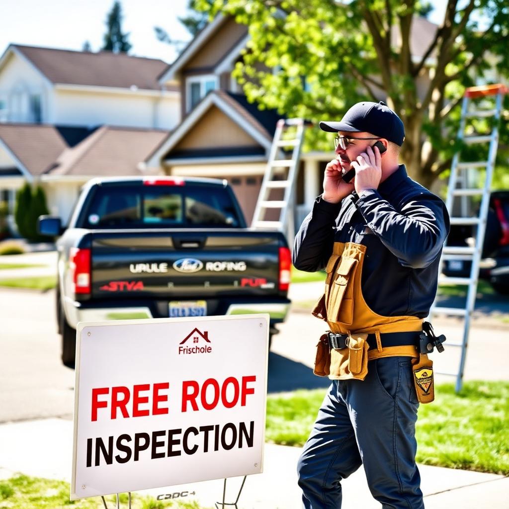 Roofing contractor on a phone call next to a Free Roof Inspection yard sign on a Surrey BC residential street with a branded pickup and ladder in the background
