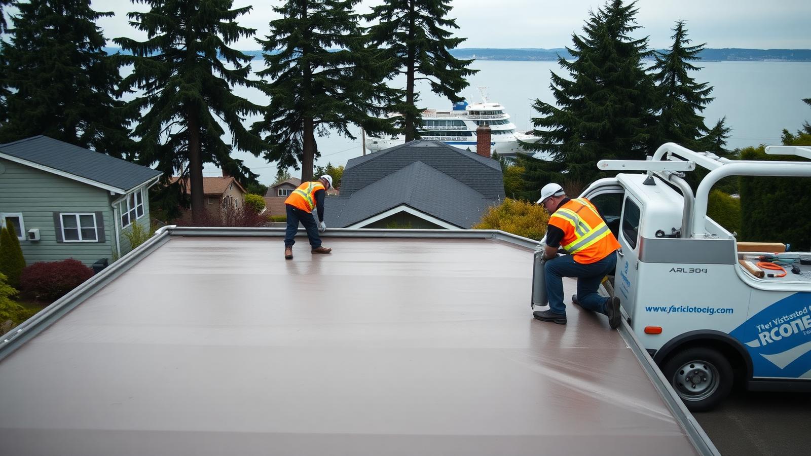 Victoria BC roofing crew installing torch-on flat membrane on a James Bay heritage home with the Inner Harbour and a ferry visible in the background.
