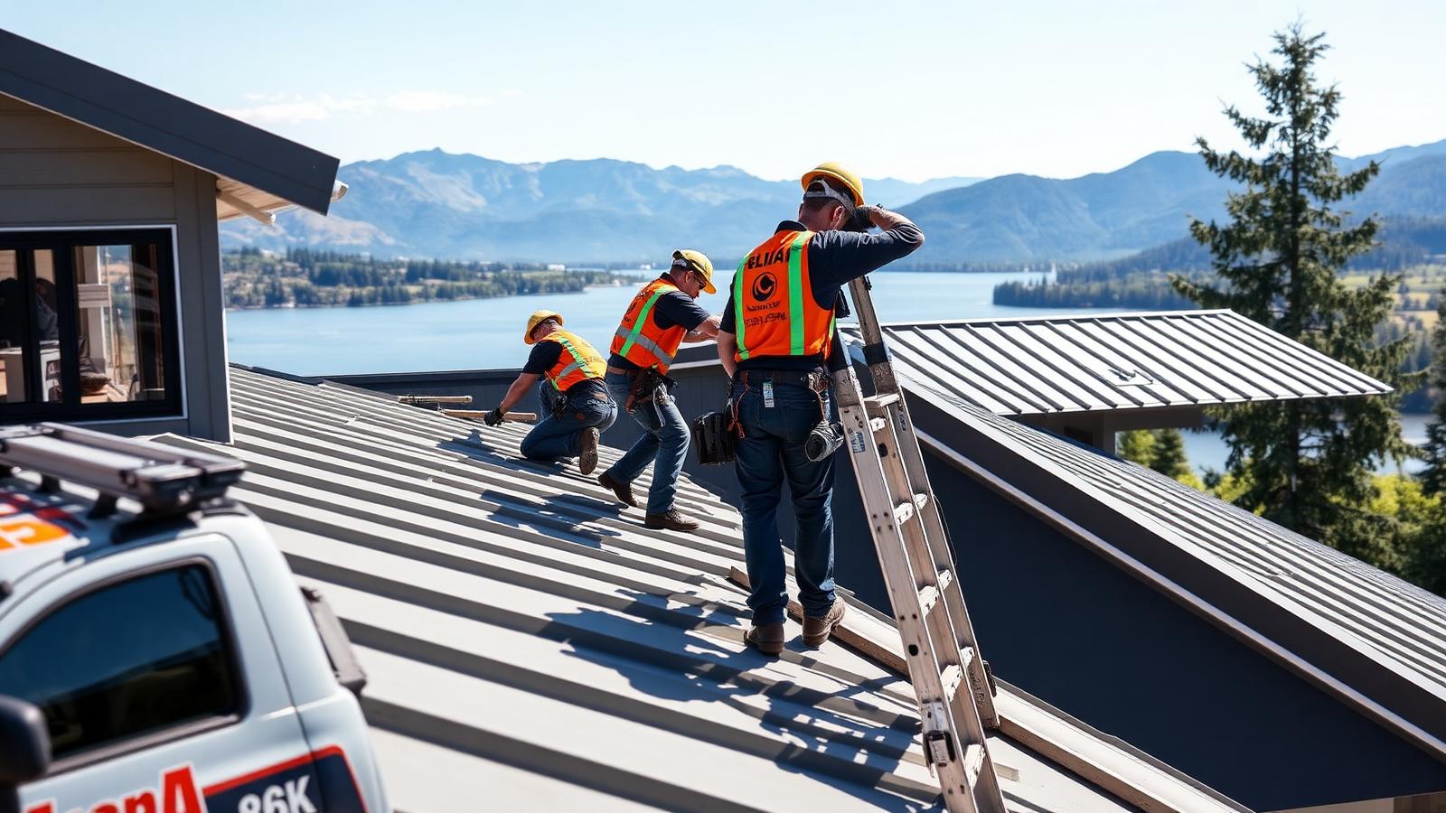 Roofing subcontractor crew installing dark grey standing seam metal panels on a modern Kelowna lakefront home with Okanagan Lake and vineyard hills in the background.
