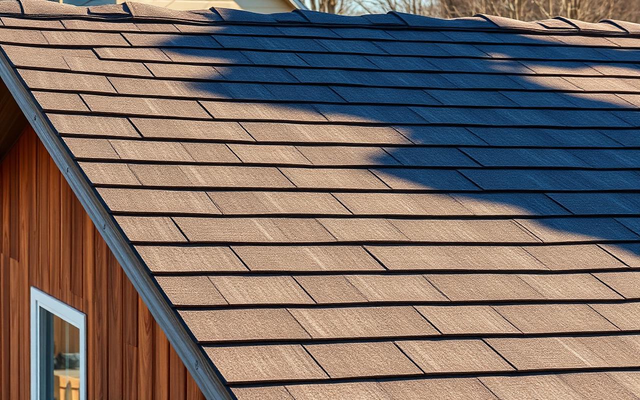 Architectural laminate shingles with dimensional shadow lines on a sloped roof