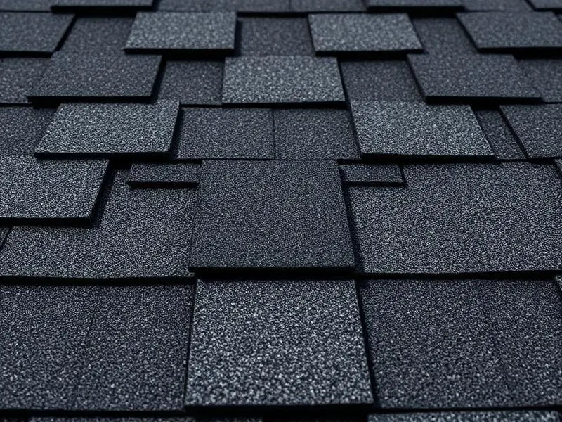 Macro close-up of charcoal grey architectural laminate asphalt shingles showing granular texture and dimensional shadow lines.