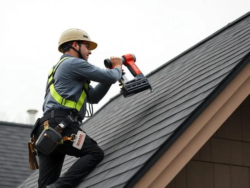 Roofer in safety harness using a coil nail gun to install asphalt shingles on a residential roof slope.