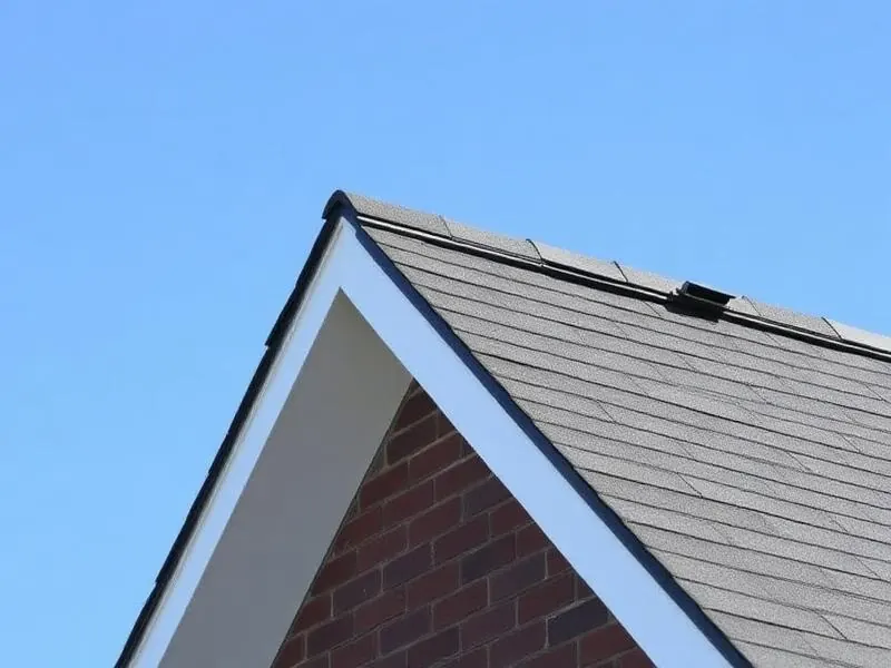 Asphalt shingle ridge cap and ridge vent detail at the peak of a residential gable roof.