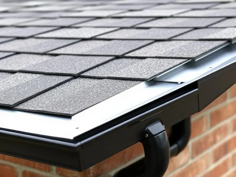 Aluminum drip edge flashing along the eaves of an asphalt shingle roof tied into a new black aluminum gutter.