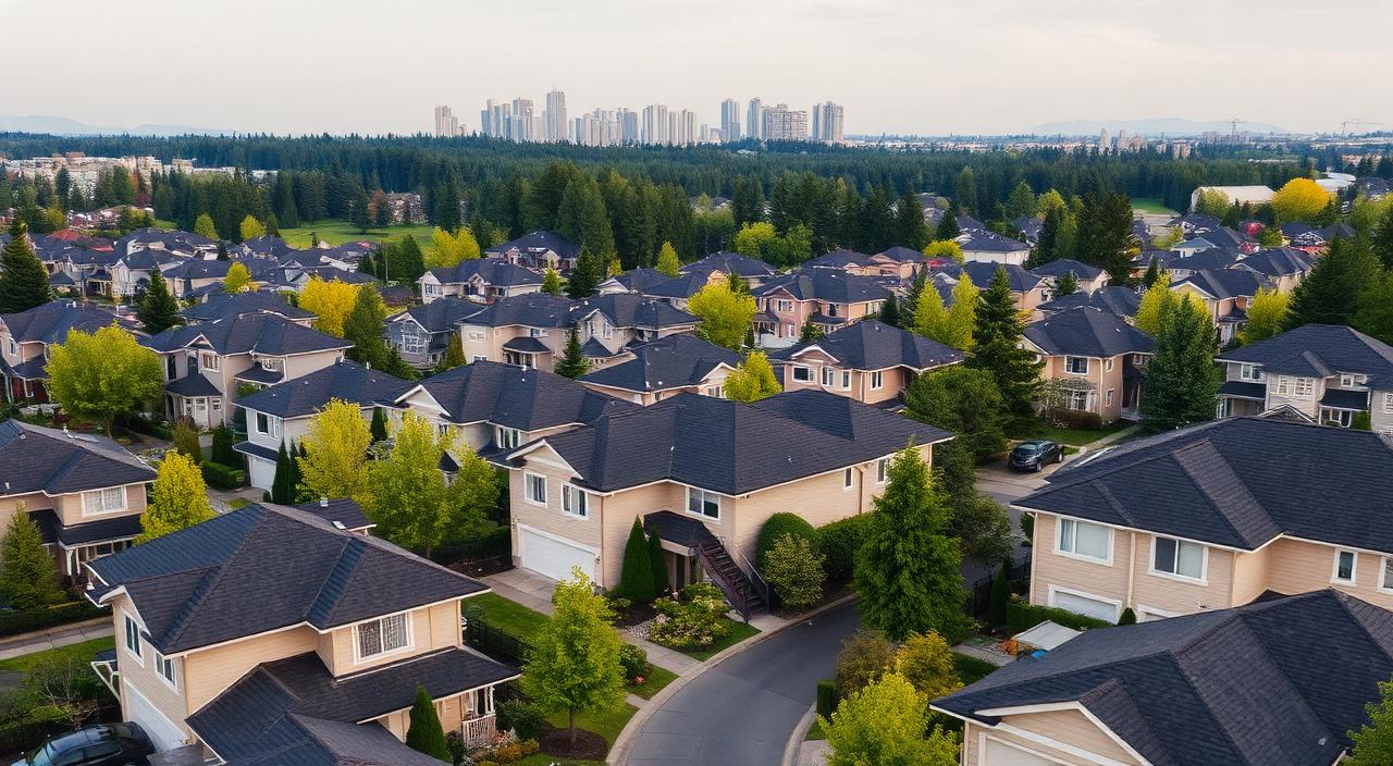 Aerial view of residential rooftops in Burnaby, Burnaby/Tri-Cities, British Columbia — Budget Roofers service area