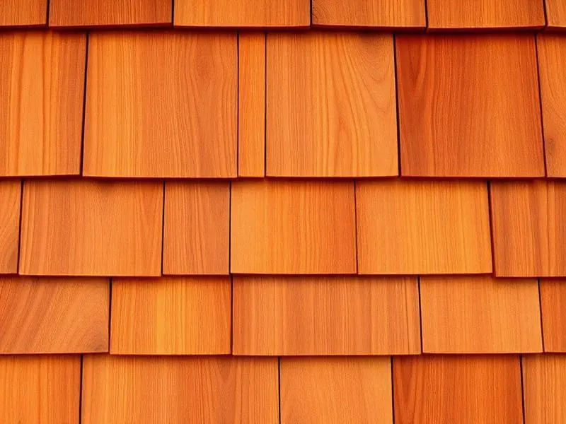 Macro close-up of fresh hand-split Western Red Cedar shakes showing deep ridges and warm reddish-brown wood grain.