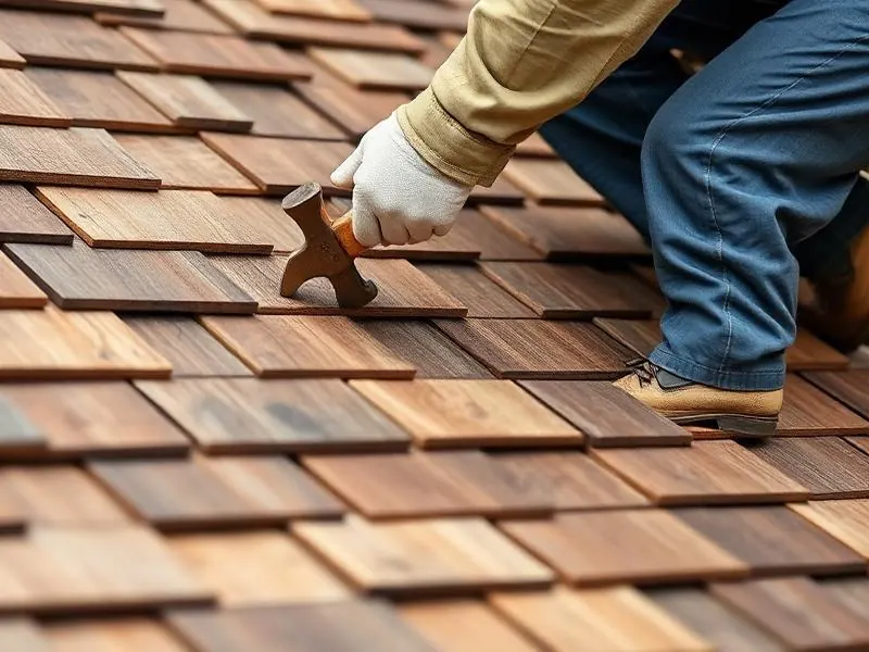 Roofer wearing gloves installing cedar shake shingles in staggered courses on a residential roof using a hammer.