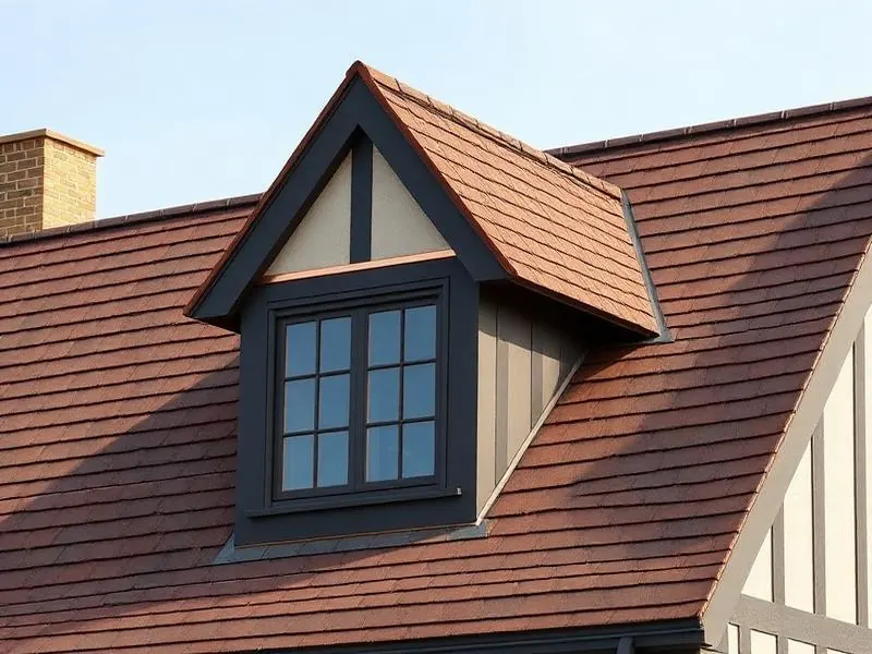 Cedar shake roof dormer with copper flashing and a casement window on a Tudor heritage home.