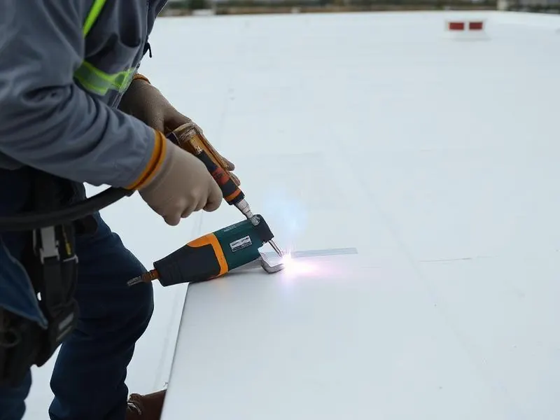 Roofer hot-air welding a white TPO membrane seam on a flat commercial roof using a handheld welder.