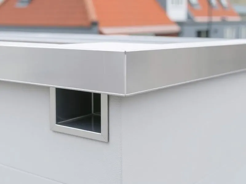 Pre-finished aluminum coping cap on a flat roof parapet wall with a sheet-metal scupper through-wall drain.