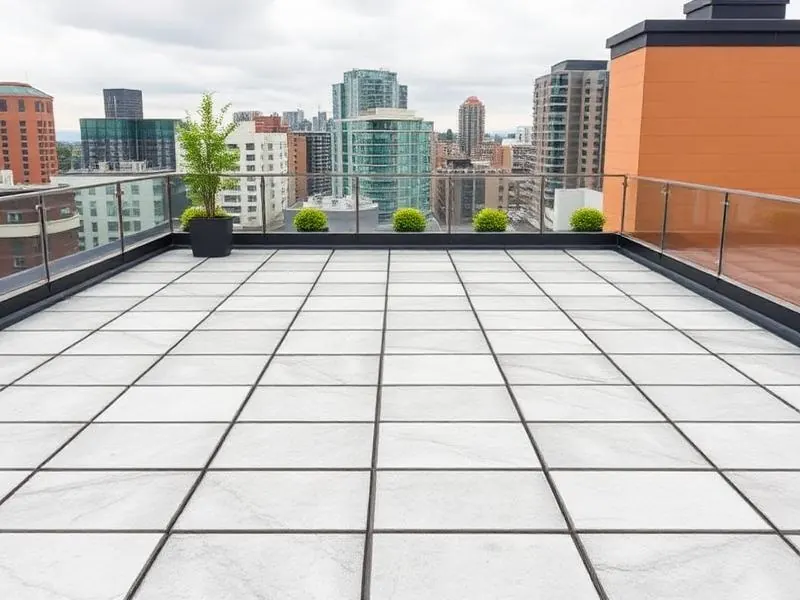 Concrete pedestal pavers laid as a walkable rooftop deck above a flat membrane roof with downtown Vancouver skyline behind.