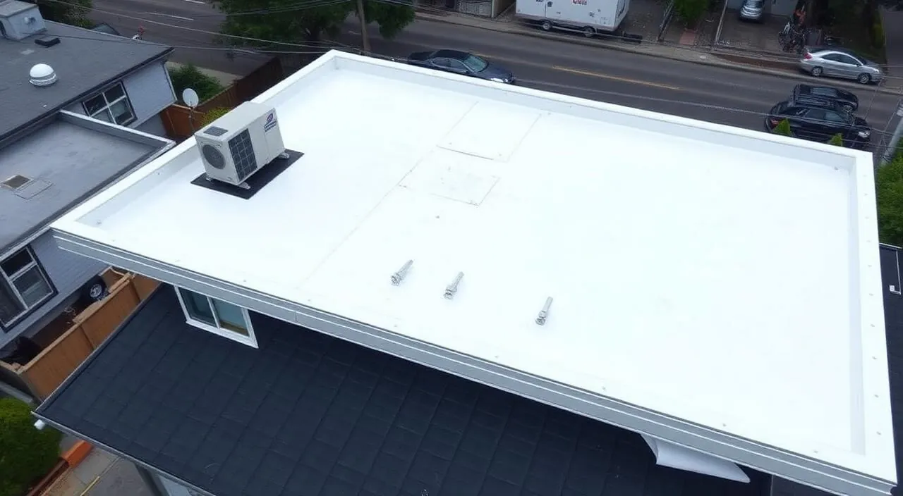 Aerial view of a modern flat low-slope residential roof with white TPO membrane, parapet walls, roof drains and a heat pump on a rubber pad.