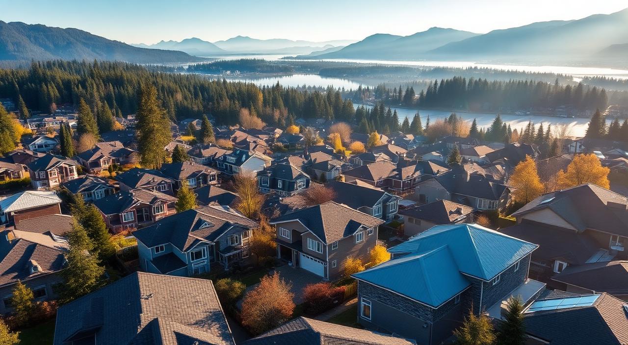 Aerial view of residential rooftops in Hope, Fraser Valley, British Columbia — Budget Roofers service area