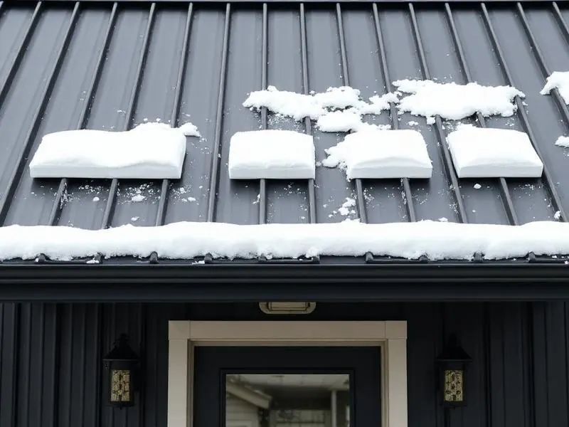 Pad-style snow guards installed in staggered rows on a black standing seam metal roof above a residential entry door.