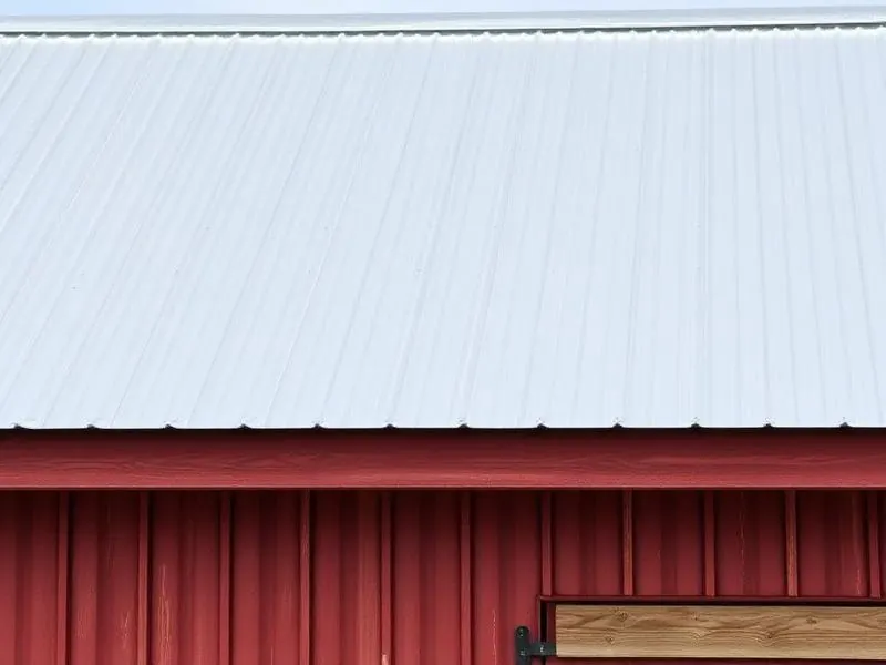 Galvalume silver corrugated ribbed metal panel roof with exposed fastener screws on a rural BC barn with red board-and-batten siding.