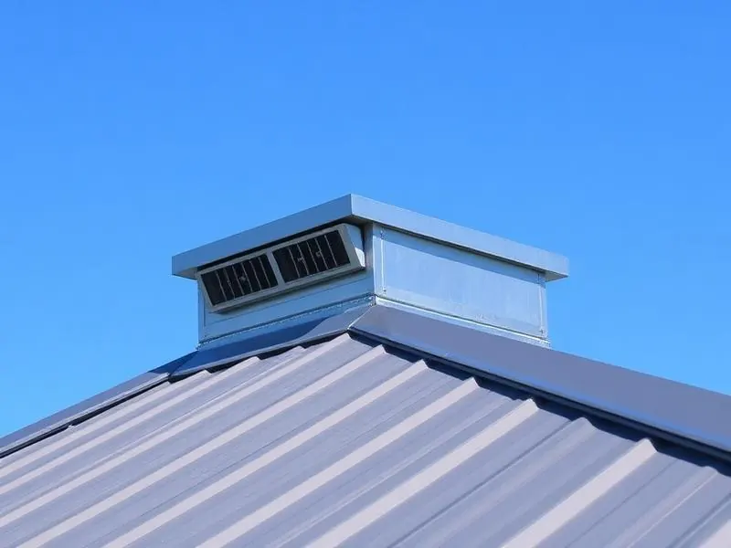 Vented metal ridge cap with closure foam on the peak of a standing seam roof against a clear blue sky.