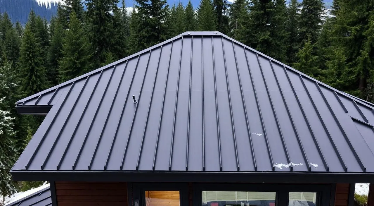 Matte black standing seam metal roof with vertical raised seams on a modern West Vancouver mountain home backed by evergreen forest.