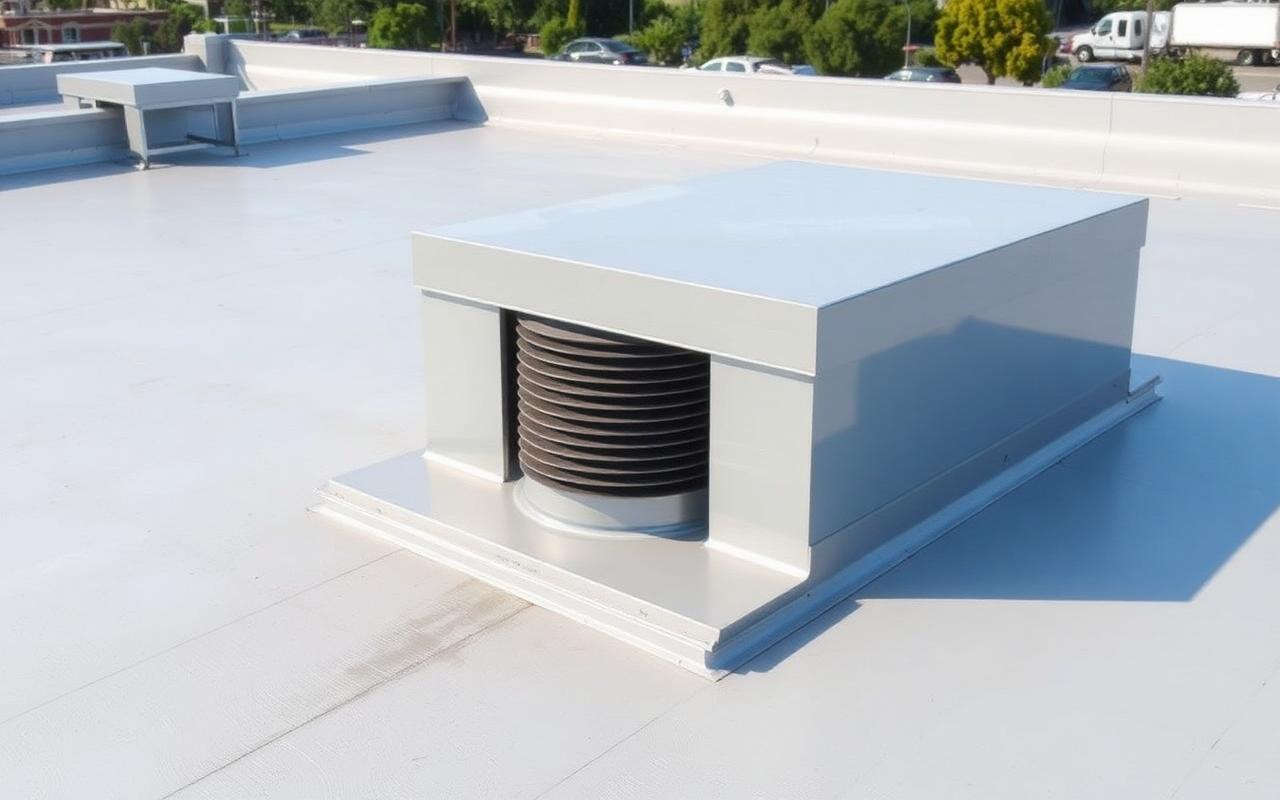 Light grey PVC roofing membrane heat-welded around a rooftop kitchen vent