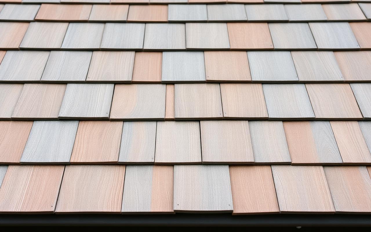 Western red cedar shingles weathered to a silver-grey patina