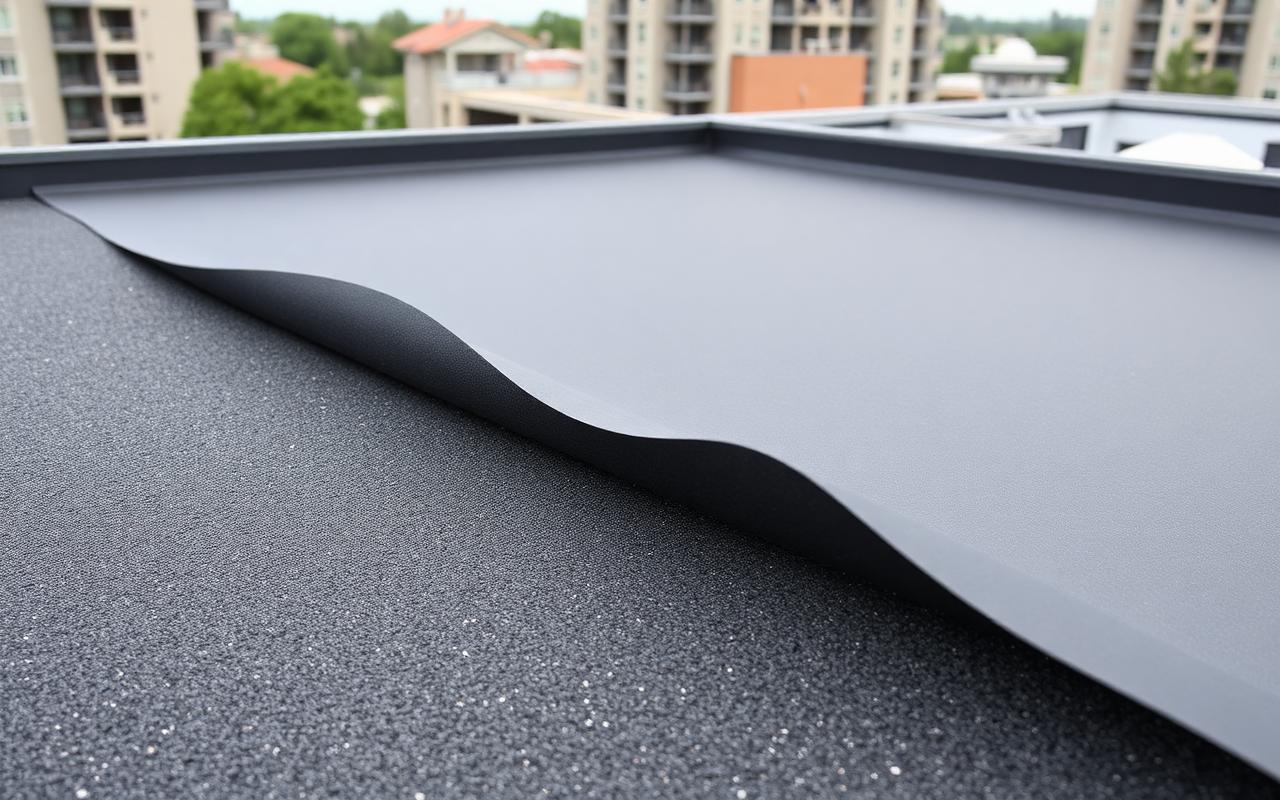 Self-adhered modified bitumen membrane being rolled out on a flat roof