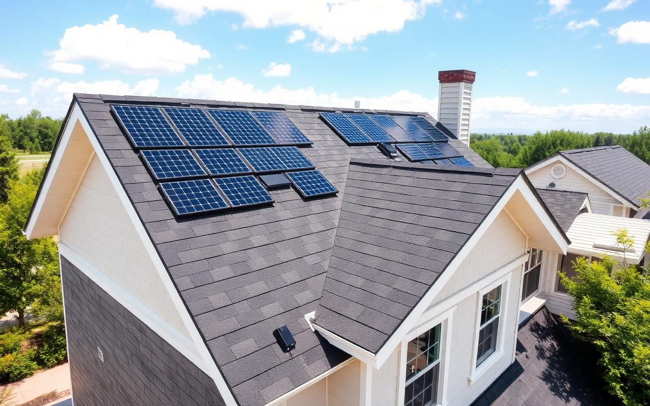 Integrated solar shingles installed seamlessly with traditional asphalt roofing