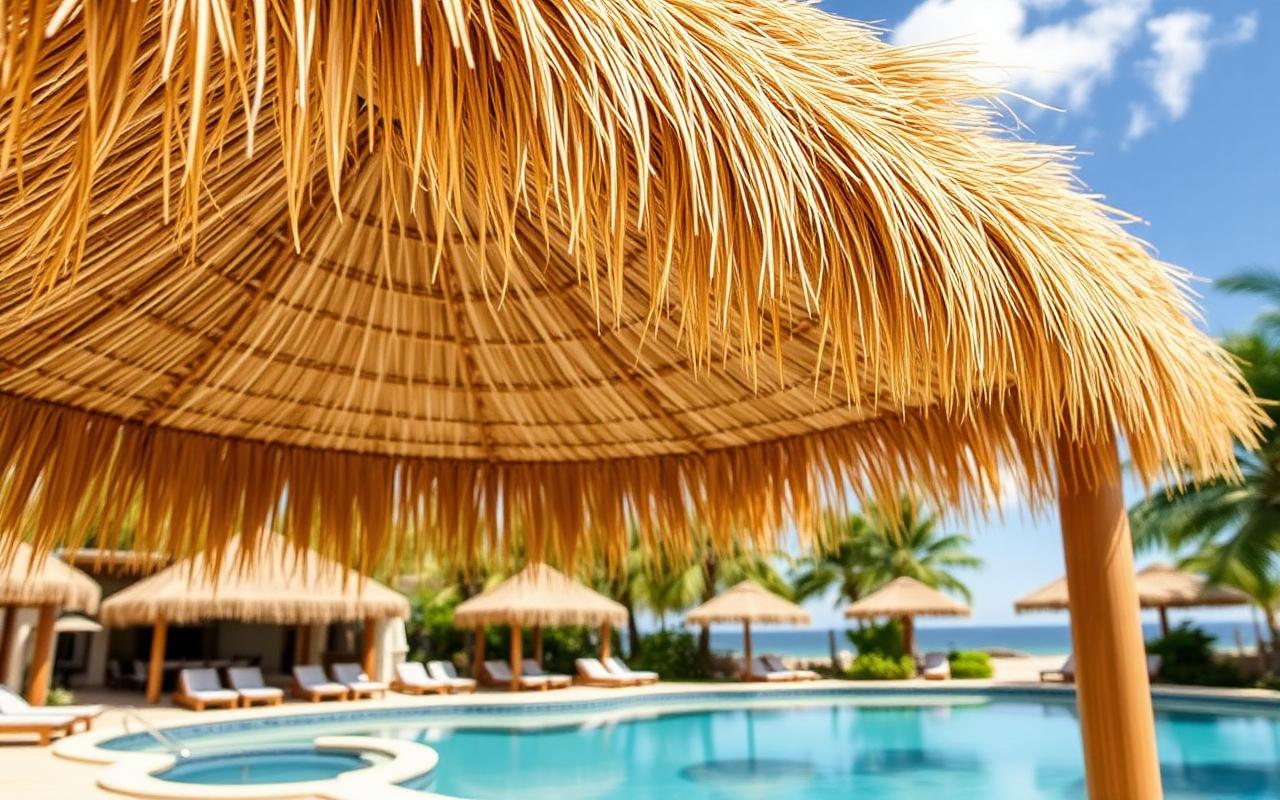 Synthetic thatch roofing material on a resort-style poolside cabana