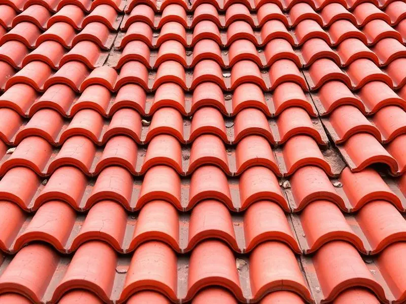 Close-up of terra cotta Spanish S-curved clay roof tiles in warm orange-red arranged in neat overlapping rows.
