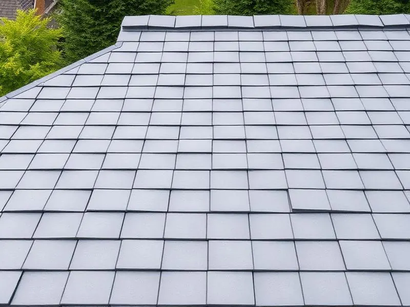 Flat-profile slate-grey concrete roof tiles installed on a modern residential roof with green hedge backdrop.