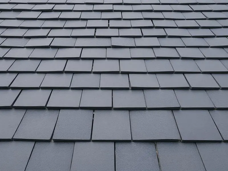 Natural Vermont slate roof tiles in graduated coursing showing dark grey colour variation and clean reveal lines.