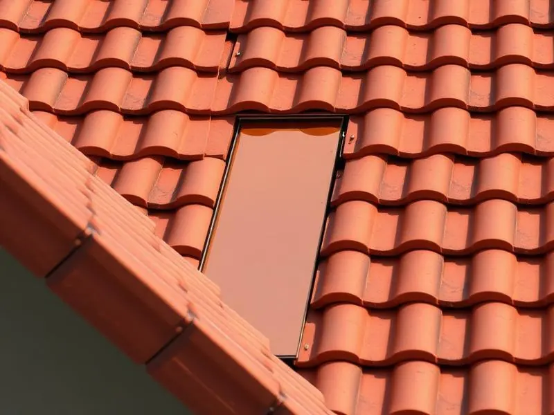 Copper valley flashing detail running between two slopes of a terra cotta clay tile roof.