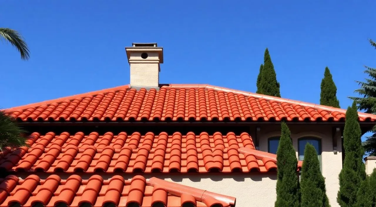 Terra cotta Spanish clay S-tile roof in neat curved rows on a Mediterranean revival Point Grey home under a clear blue sky.