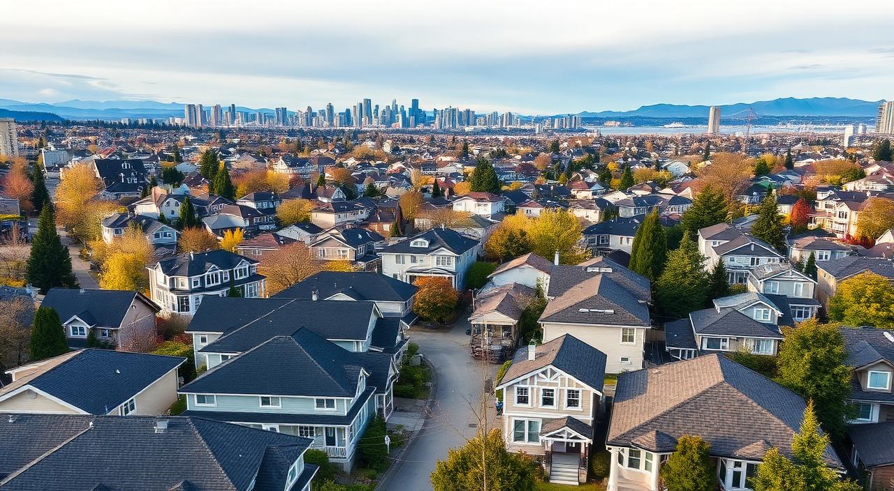Aerial view of residential rooftops in Vancouver, Vancouver Core, British Columbia — Budget Roofers service area