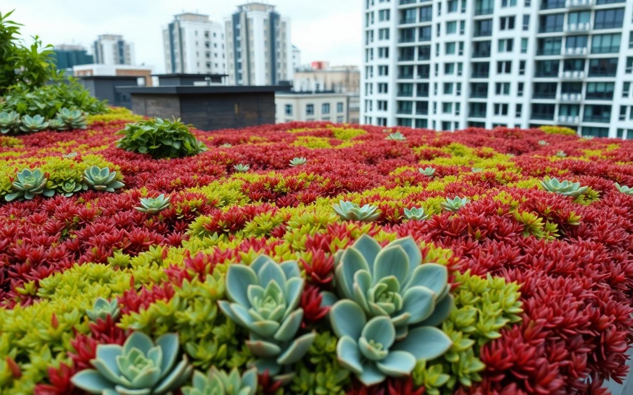 Living sedum green roof with red and green succulent vegetation